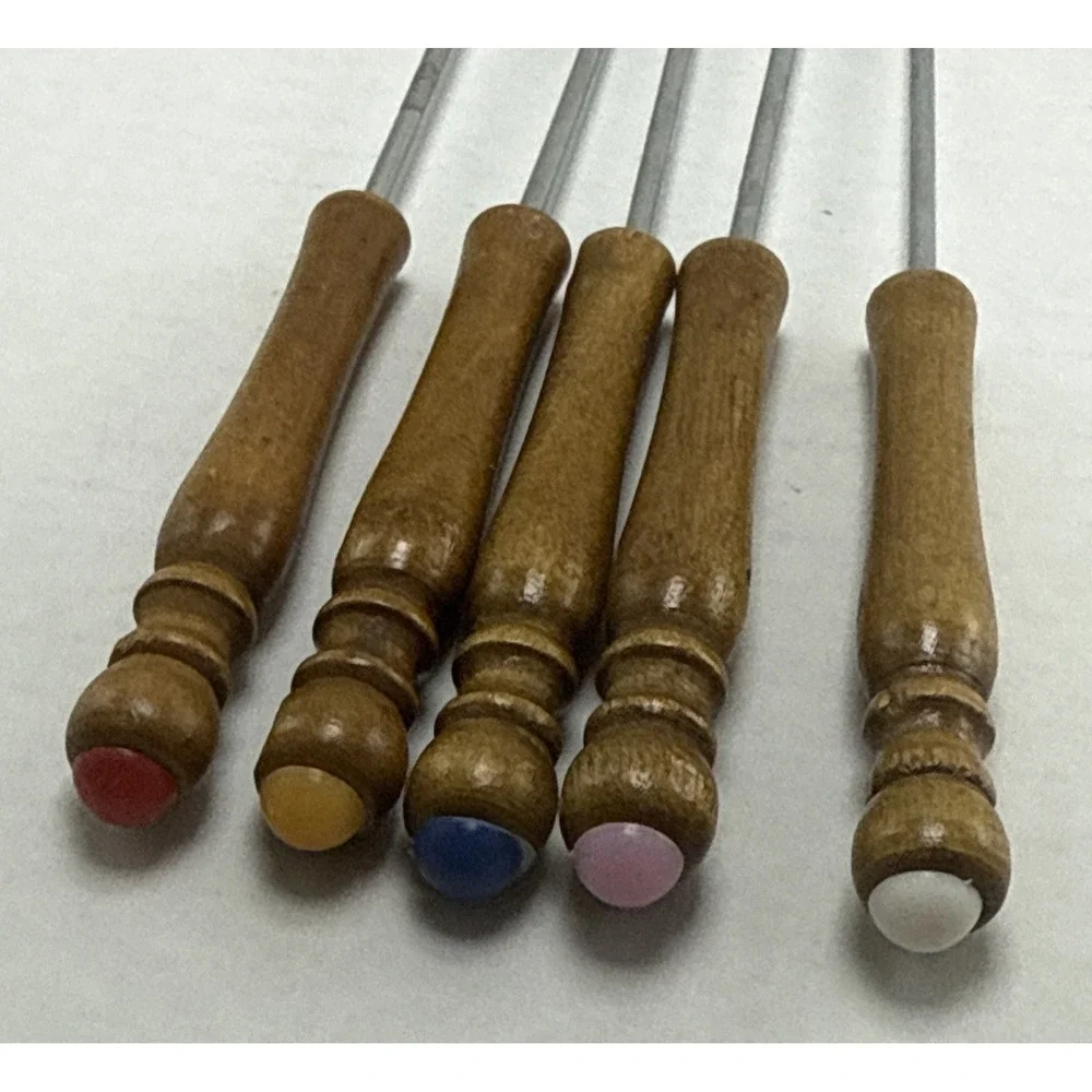 Vintage Fondue Forks Set of 5 Wooden Handle Stainless Steel Color Coded Skewers